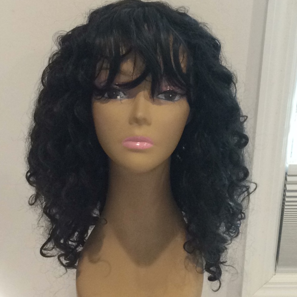 Black curly wig with bang
